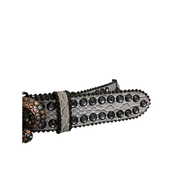 Nocona Leather Belt Womens Large White Western Fleur De Lis Rhinestone Studded